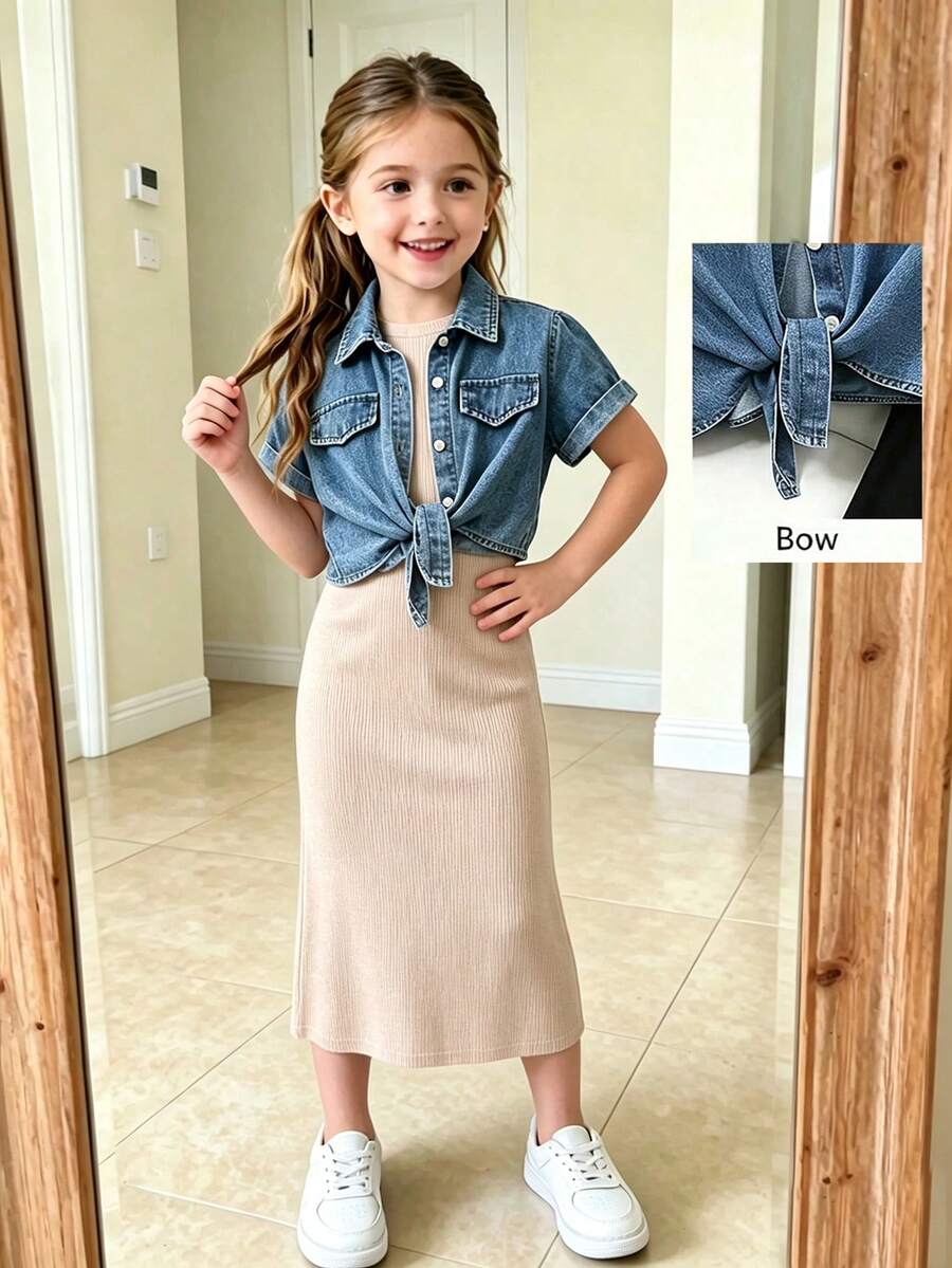 Elladie kids 女童兩件套休閒夏季層次穿搭服飾,短袖繫帶牛仔襯衫與無袖羅紋中長版背心洋裝套裝 - 杏色 - 查看 1