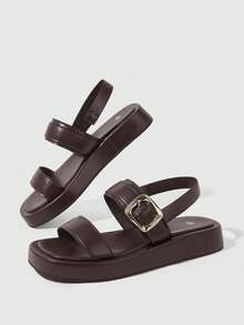 HighSole 雙條帶露趾方頭厚底平底休閒女款涼鞋，適合通勤、購物、度假穿著 - 咖啡棕 - 查看 4