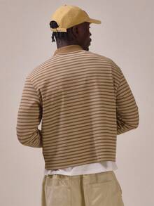 Musero Drop Shoulder Crop Length Long Sleeve Stripe Polo Top Ribbed Collar Detail Spring Summer Essentials - Brown - View 4