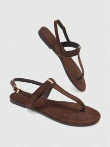 CUCCOO BIZCHIC American Retro Style Brown Frosted Leather Flat Sandals, Metal Buckle Embellished T-Strap Rear Tripple Toe Sandals, Daily Commuting Versatile Models - Brown - View 5