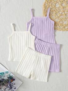 SHEIN 女童小女孩春夏細肩帶背心上衣與短褲套裝 2 件式內衣套裝 純色/多色 全季節適用 - 彩色 - 查看 5