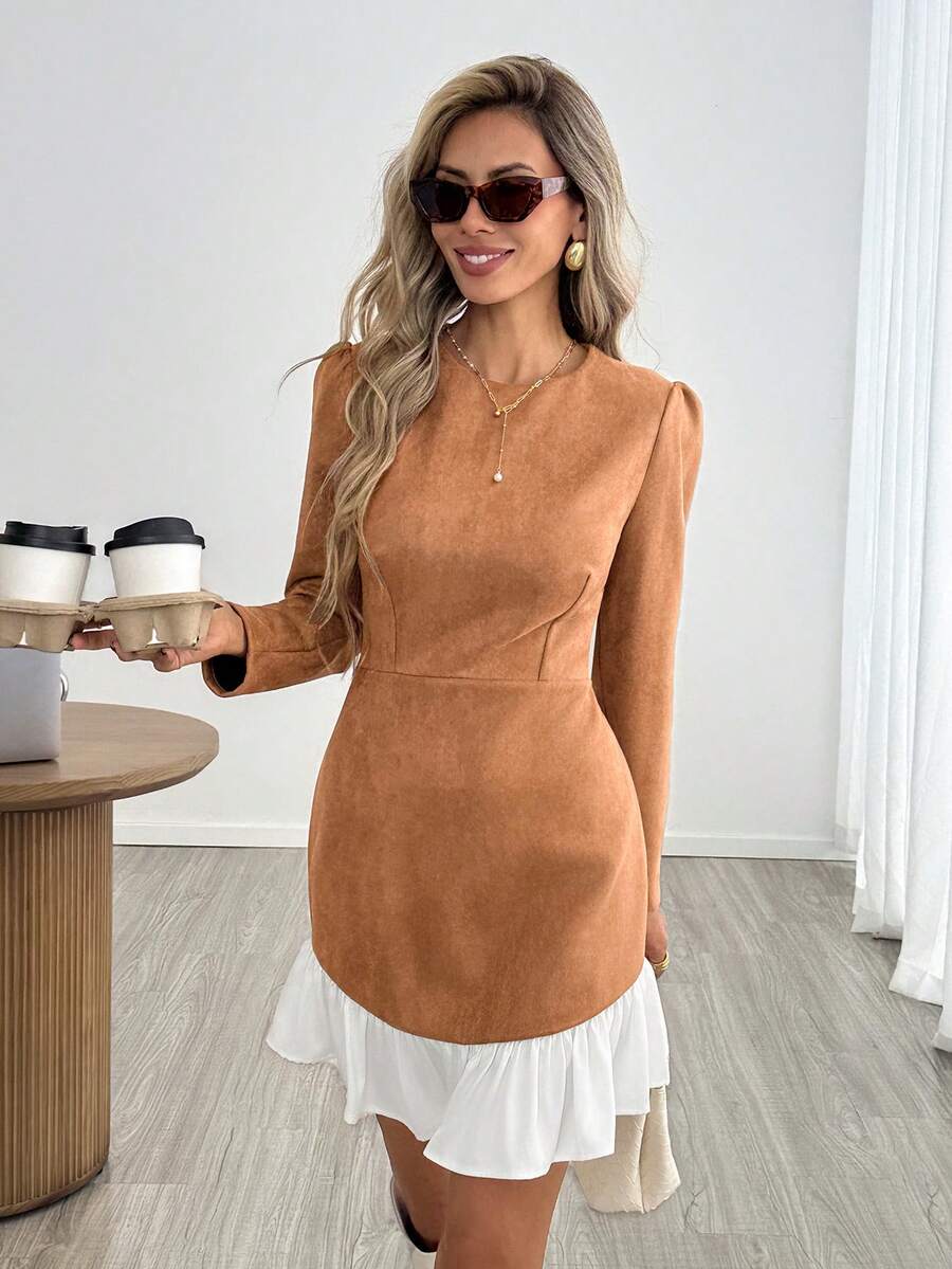Easowa Women's Vintage Elegant Long Sleeve Ruffle Patchwork Dress For Business Office - Khaki - View 1