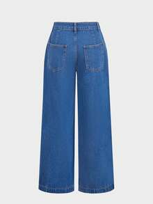 Balvessa Women's 2 In 1 Design Pocket Wide Leg Loose Casual Denim Jeans - Blue - View 4