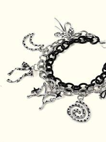 Popjeli 1 Dark Polka Dot Cross Butterfly Charm Bracelet, Bow Swirl Bow Bracelet - Silver - View 8
