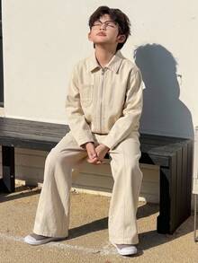 DAZY Boys (Big) Lapel Straight Loose Casual Top + Straight Leg Denim Jeans 2 Pieces Set Denim Outfit Fall - Apricot - View 2