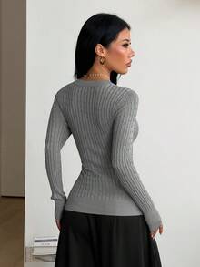 Coolane Women's Casual Versatile Solid Color Slim Fit Sweater - Grey - View 6
