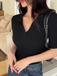 DAZY 女款修身純色V領短袖針織上衣 - 黑色 - 查看 1