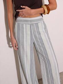 Nöista Striped Linen-Look Wide-Leg Trousers With Mid-Rise Waist. Relaxed Style For Day-To-Night And Holiday Dressing. Vintage Y2K - Multicolor - View 3