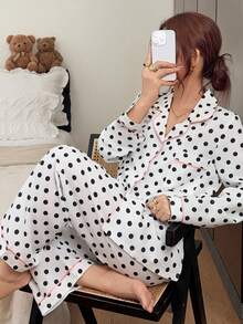 Napfluff Polka Dot Bubble Crinkle Cardigan Lapel Long Sleeve Pajama Set For Women - Black and White - View 7
