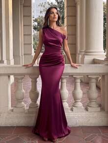 Aloruh Elegant Burgundy Metallic Glitter Satin Patchwork Asymmetric Shoulder Buckle Decor Fishtail Dress, Suitable For Weddings, Formal Events, Bridesmaid - Purple - View 8