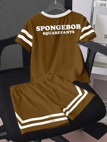 SpongeBob SquarePants | SHEIN 小男孩圓領短袖T恤與短褲休閒套裝 - 白色 - 查看 2