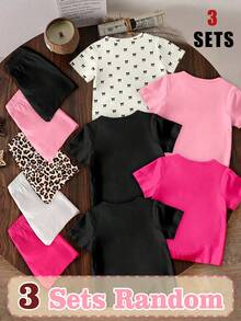 (3 Random Item From 5) Girls Fresh Minimalist Shiny Bow Crown Flower Heart Leopard Print Striped Pattern Basic Short T-Shirt And Shorts 6-Piece Set - Multicolor - View 2