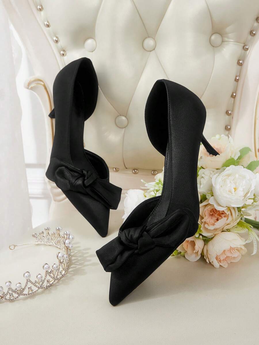 CUCCOO HITCHD Ladies Shoes Slant Bow Ladies Pointed Tips Side Empty Heels Black Satin Elegant Gentle Wedding Bridesmaids Party Dating Fall Shoes - Black - View 1
