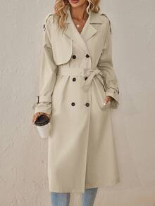 SHEIN Clasi Abrigo Trench con Manga Raglán, Doble Botonadura y Cinturón para Otoño/Invierno - Albaricoque - Ver 4