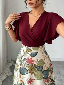 Elenzga Women's Spring/Summer Exquisite Elegant Tropical Commuter Burgundy Pleated Flutter Sleeve Fitted Slim Fit Flared Long Dress Vacation - Burgundy - View 4
