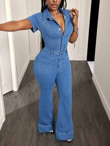 BamGleam Jumpsuit Denim Kasual Wanita dengan Kancing, Model Flare untuk Sehari-hari - Biru - View 6