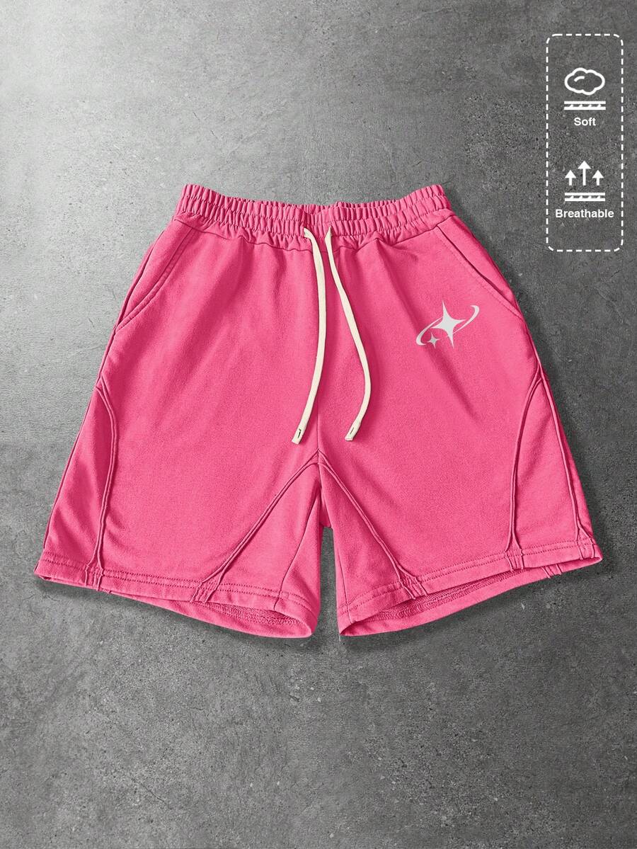 ROMWE MEN Essentials Pantalones cortos casuales sueltos con cordón y bolsillos para hombres - Rosa Fucsia - Ver 1