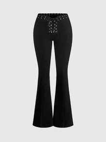 ROMWE Grunge Punk Y2K Punk Eyelet Lace-Up Waist Design Low-Rise Women's Jeans, Autumn/Winter Halloween - Black - View 1
