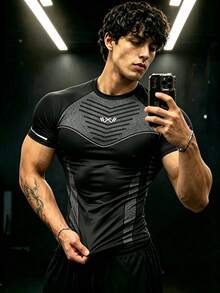 Gym Rark 男士虛線印花撞色圓領短袖運動T恤 - 黑色 - 查看 2