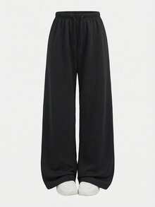 SHEIN Celana Panjang Olahraga Lurus Longgar dengan Tali Serut, Bahan Beludru Tebal, Bahan Plus untuk Musim Gugur dan Musim Dingin, Motif Bunga Abu-abu, Celana Olahraga Kasual untuk Sehari-hari - Hitam - View 6