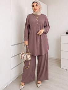 Solavon Plus Size Elegant Commuter Solid Color Shirt & Pants 2 Pieces Set - Dusty Pink - View 1