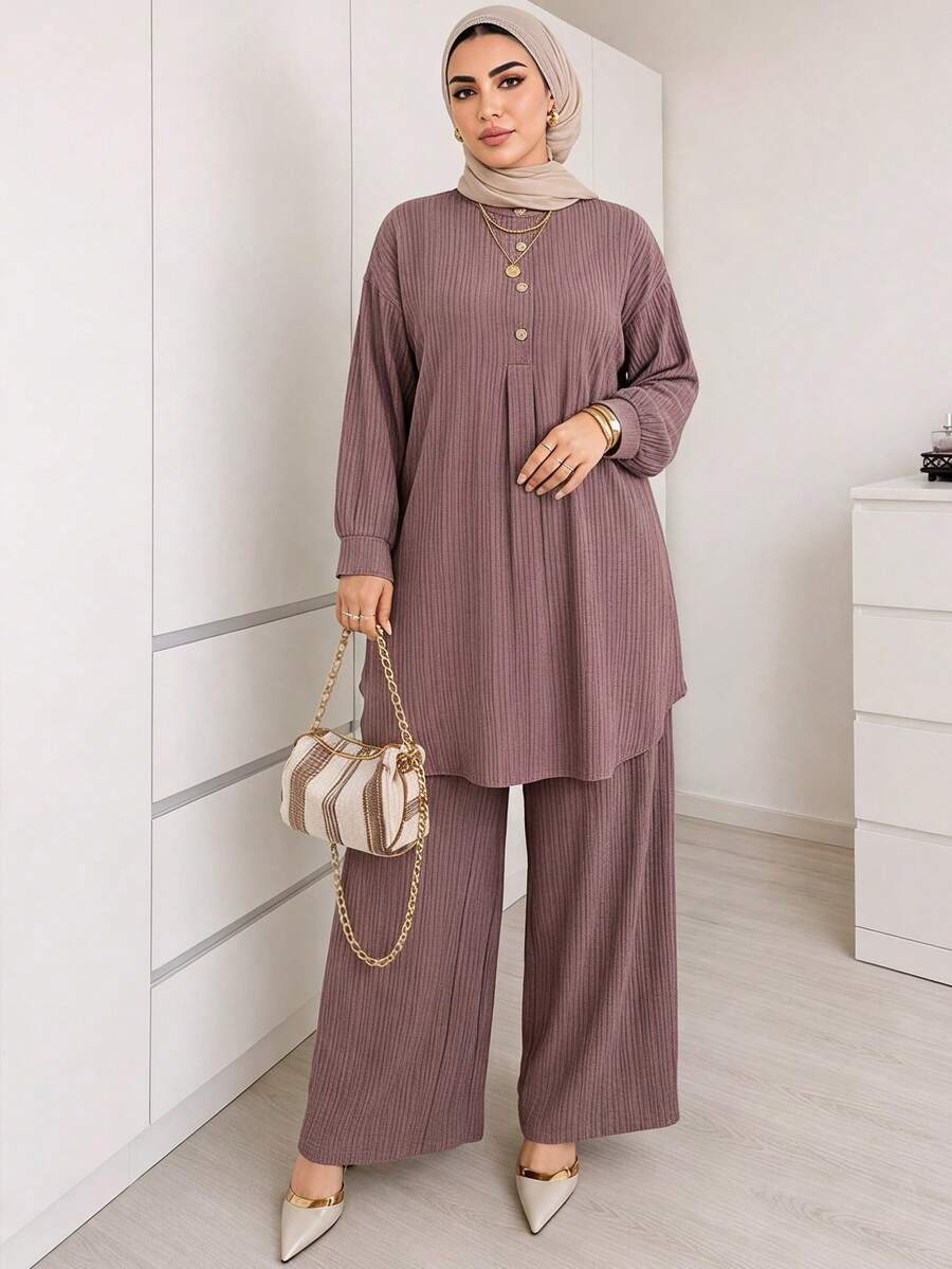 Solavon Plus Size Elegant Commuter Solid Color Shirt & Pants 2 Pieces Set - Dusty Pink - View 1