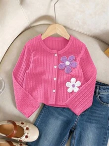 SHEIN Elladie kids 女童軟質紋理麻花針織開襟衫，可愛優雅甜美公主風，百搭時尚外套，適合春夏季秋季日常穿著、聚會、派對、外出、上學 - 玫紅色 - 查看 3