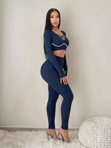 BamGleam Women's Cross Design Long Sleeve Cropped T-Shirt And Leggings Sports Set - Navy Blue - View 4