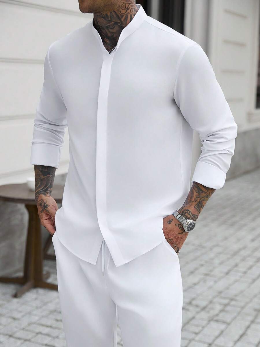 Manfinity CasualCool Men Spring And Autumn Casual Solid Color Shirt & Trousers, Fall Clothes, Formal - White - View 1