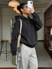 青少年女孩休閒極簡長袖連帽寬鬆加厚衛衣，適合秋冬穿著 - 深灰色 - 查看 5
