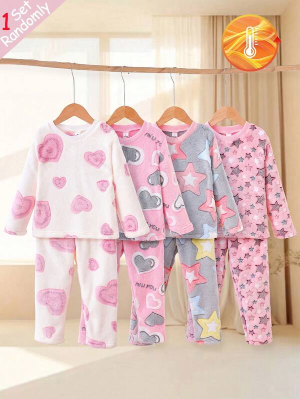 SHEIN [1 Set Randomly Sent]Girls' Simple Fashionable Multi-Color Light Pink White Gray Gentle Cute Cartoon Pattern Home Sleepwear, Sweet Heart Star Print Girls' Casual Comfortable Flannel Long Sleeve Long Pants Loungewear Set, Thick Soft Plush Girls' Autumn Winter Warm Pajamas Two Pieces Set