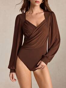 BizChic 全棕色V領抓皺腰長袖緊身連身衣，法式優雅復古風，適合辦公室、外出、度假、萬聖節、秋季返校、教堂、特殊場合、生日、婚禮賓客、派對、約會，性感度假風 - 咖啡棕 - 查看 1