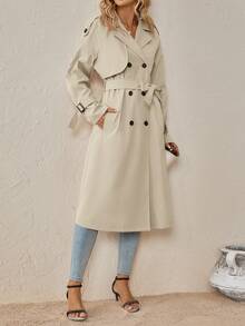 SHEIN Clasi Abrigo Trench con Manga Raglán, Doble Botonadura y Cinturón para Otoño/Invierno - Albaricoque - Ver 6