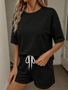 SHEIN LUNE Set Kaos dan Celana Pendek Wanita Warna Hitam, Terbuat dari 95% Katun - Hitam - View 3