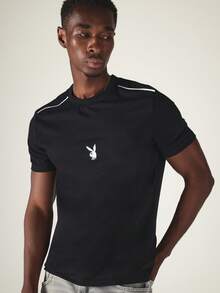 PLAYBOY X SUMWON Bunny Logo Crew Neck Short Sleeve Slim Fit T-Shirt With Contrast Shoulder Piping Detail Summer Essential - Black - View 4