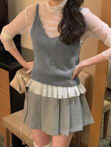 DAZY Solid Color Fitted Short Vest Casual Romantic Elegant Vacation Spring Autumn Top Women's Sweater Everyday Day Time Dusty Blue - Grey - View 5