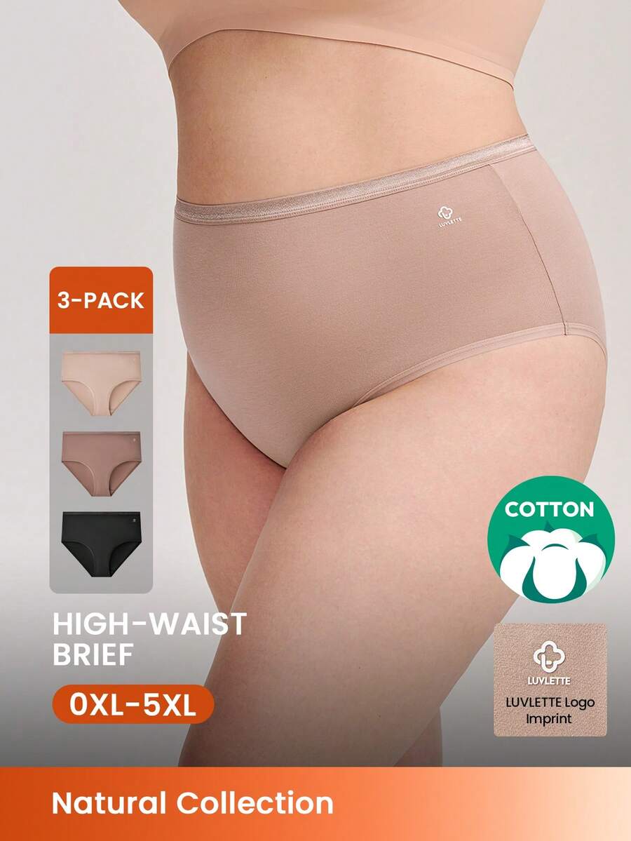 LUVLETTE Plus 3-Pack Cotton Logo High-Waist Briefs Women Underwear Panties Set-Pastel Color - Multicolor - View 1