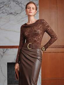 Anewsta Spring/Autumn Deep Brown Draped Neck Hollow Floral Lace Fitted Long Sleeve Sheer Commute Date Layering Inner Wear Women's T-Shirt - Brown - View 5
