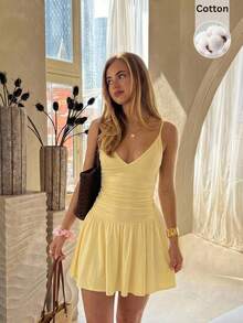 CovetEZ Women's Yellow Spaghetti Strap Mini Dress - Yellow - View 5