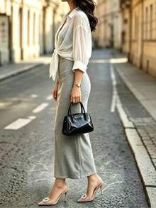 Selianne Plus Size Summer Minimalist Elegant Solid Color Spaghetti Strap Dress And Sheer Knotted Shirt 2 Pieces Set Formal Birthday White Grey - White - View 4