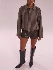 SHEIN BAE Women's Brown Striped Jacket For Autumn And Winter, Suitable For Casual Commuting And Street Style. Autumn Jacket, Brown Striped Coat, Casual Jacket, - Coffee Brown - View 3