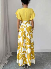 Elenzga Women's Elegant Burgundy Red Leaf Pattern Ruched Cap Sleeve Fitted Flared Dress, Spring/Summer - Yellow - View 2