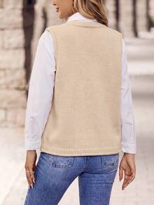 EMERY ROSE Women's V-Neck Single Breasted Pocketed Sleeveless Textured Loose Fit Sweater Vest For Daily - Apricot - View 2
