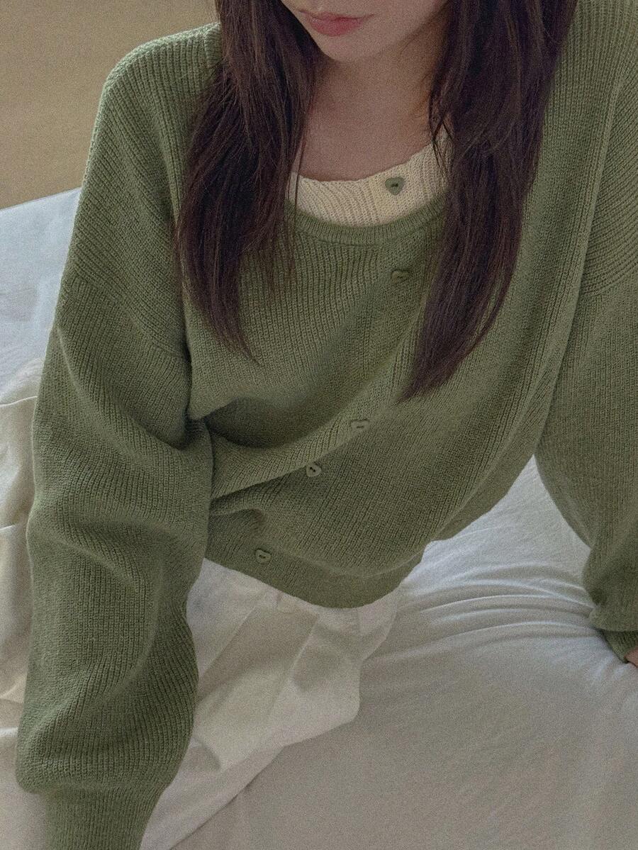 DAZY Patchwork 2 In 1 Loose Round Neck Long Sleeve Button Decor Casual Vacation Pullover Knit Sweater For Women Autumn/Winter - Green - View 1