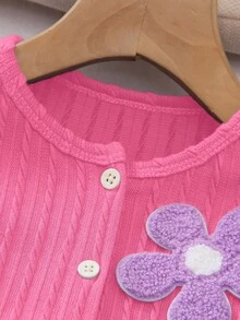 SHEIN Elladie kids 女童軟質紋理麻花針織開襟衫，可愛優雅甜美公主風，百搭時尚外套，適合春夏季秋季日常穿著、聚會、派對、外出、上學 - 玫紅色 - 查看 6