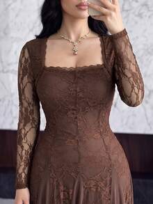Feyla 棕色蕾絲女款優雅派對方領長袖晚禮服 - 咖啡棕 - 查看 6