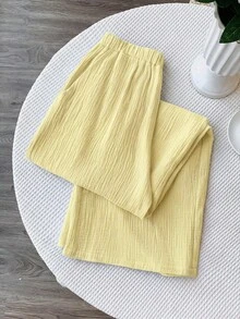Comfortcana 夏季休閒度假純色雪紡寬鬆長褲 - 黃色 - 查看 2