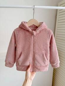 SHEIN 女嬰可愛休閒毛茸茸卡通圖案連帽外套 - 藕粉色 - 查看 3