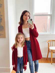 SHEIN Jaket Kasual Nyaman untuk Anak Perempuan, Lengan Panjang Terbuka Depan, Warna Polos, Tanpa Saku, Musim Gugur (9), Musim Dingin (2), Hitam - Merah - View 2