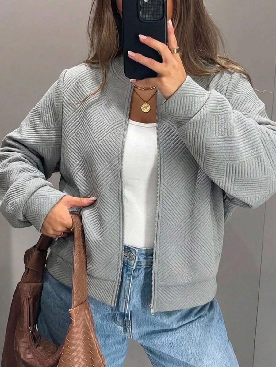 SHEIN LUNE Stylish Casual Khaki Knitted Jacquard Jacket, Suitable For Commuting In Fall/Winter